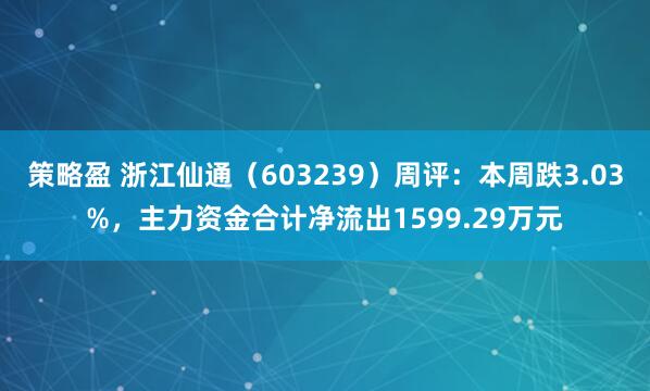 策略盈 浙江仙通（603239）周评：本周跌3.03%，主力资金合计净流出1599.29万元